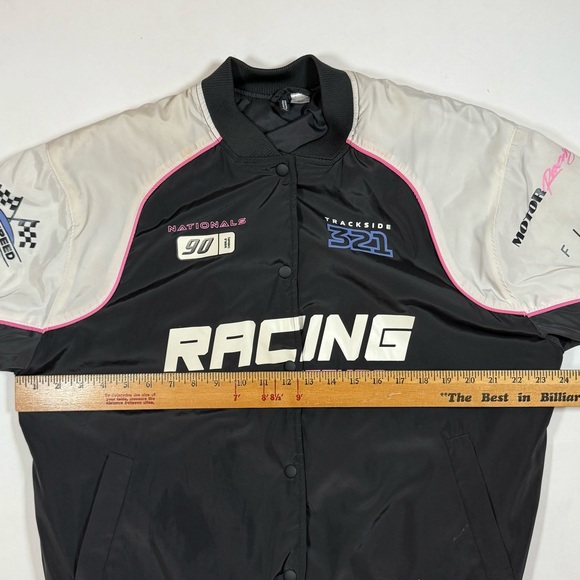 H&M Racing Thrill Seeker Black and Pink Oversized Bomber Jacket sz Small - Picture 7 of 9